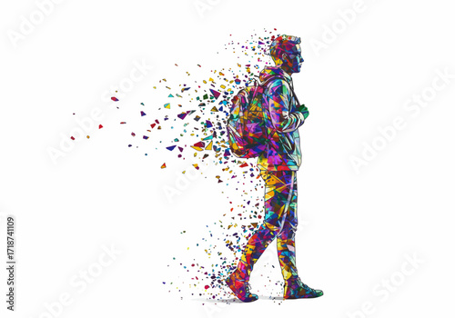 Vibrant polygonal illustration of a walking student with a backpack dissolving into colorful geometric fragments.