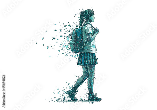 Young Girl with Backpack Dissolving into Geometric Fragments.