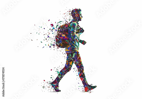 Abstract colorful fragmented male silhouette walking with backpack shattering effect vibrant geometric mosaic style.