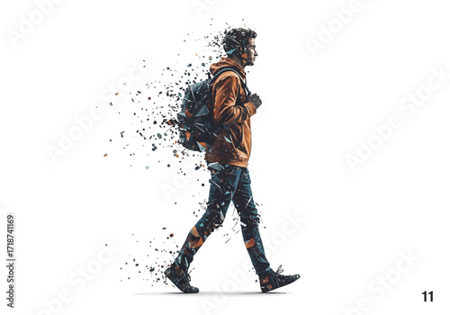Walking Man with Backpack Geometric Disintegration Style Casual Wear.