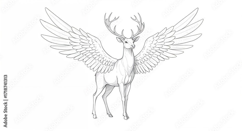 Fototapeta premium Winged deer line drawing in black and white