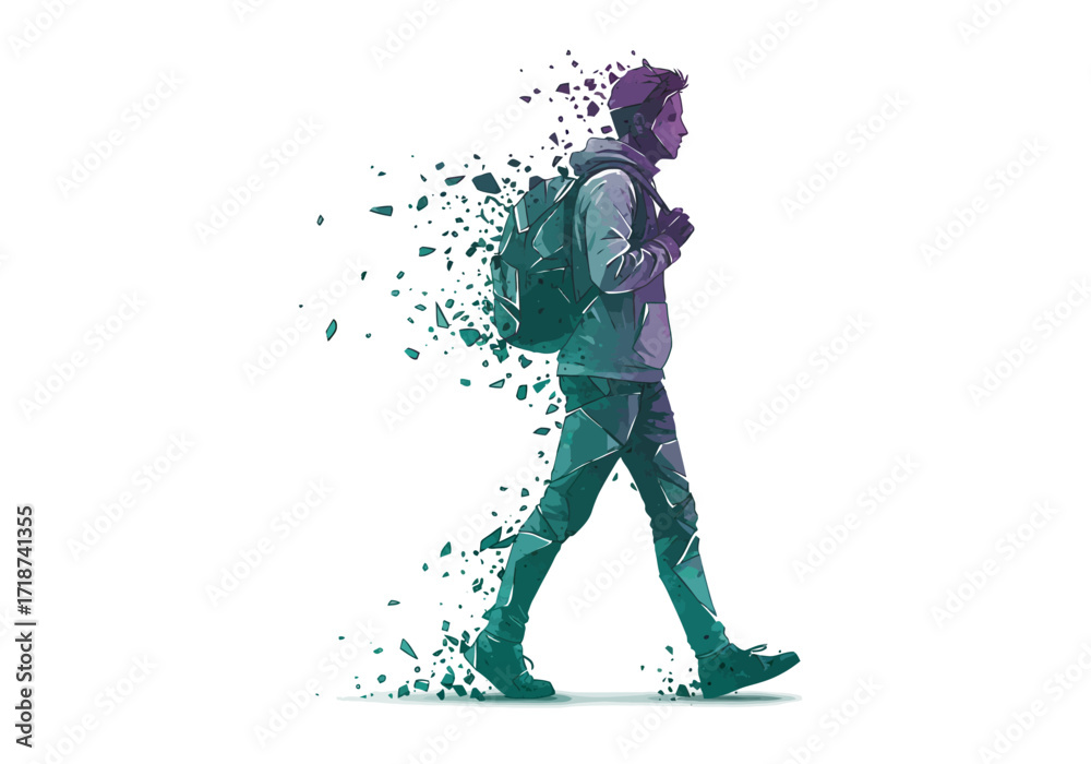Naklejka premium A young man in a hoodie and backpack walking and dissolving into purple and teal fragments.