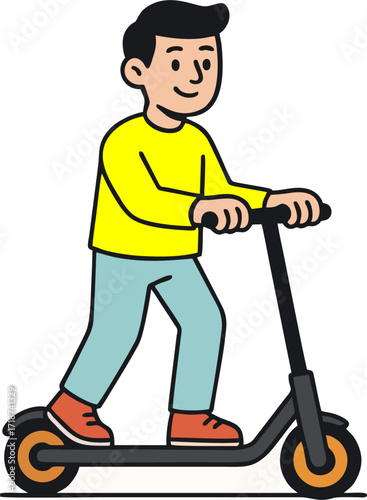 Character man riding on kick scooter in vector design in flat style isolated on white background. Electric transport, technology, ecology concept. active lifestyle, modern clipart