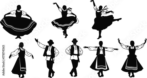 Traditional folk dancers illustration, cultural performance in costume, male and female performers, ethnic heritage, festival celebration, artistic vector silhouette dance design