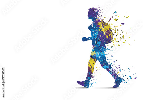 Dynamic geometric fragmented man striding with backpack vibrant colorful shards.