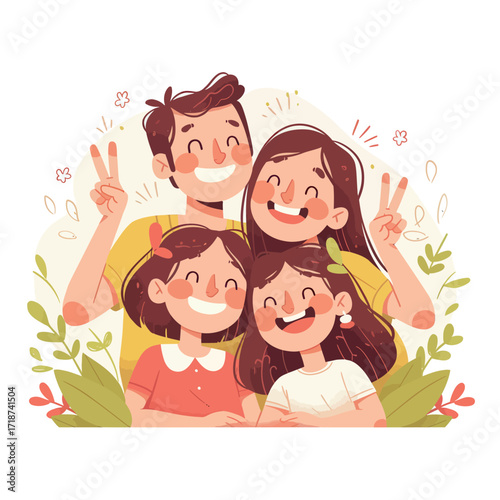 Four family members are smiling widely and posing joyfully outdoors. They stand among green plants, creating a fun and lively atmosphere of togetherness.