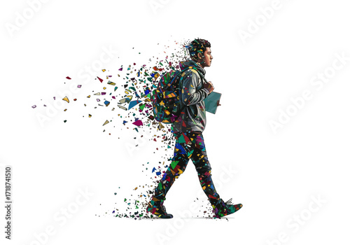 Walking Student with Fragmented Body and Colorful Geometric Design.