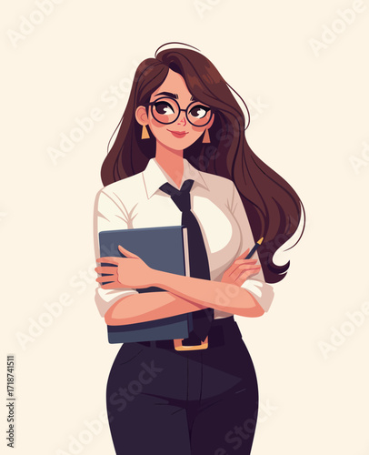 A smiling businesswoman stands confidently with crossed arms, holding a notebook and pen. She wears a formal outfit with glasses, exuding professionalism and poise.