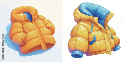 Two vibrant yellow puffer jackets are shown. The jackets feature a shiny texture and bright blue accents, perfect for adding color in winter.