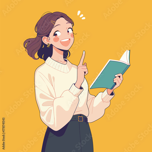 A young girl with a big smile holds an open book and points excitedly. The background is bright yellow, adding to her cheerful demeanor.