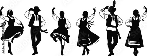 Traditional folk dancers silhouette, cultural performance in costume, male and female performers, ethnic festival celebration, artistic vector illustration of dance heritage