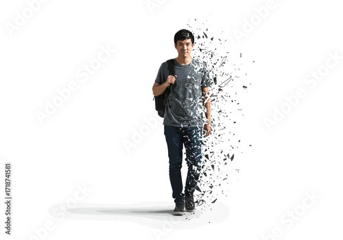 Young Man Walking Dissolving into Fragments Carrying Backpack.
