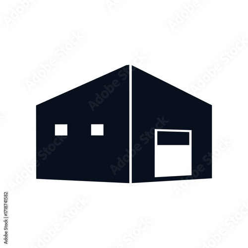Simple warehouse stands silhouetted against a white backdrop, showcasing its minimalist structure and clean lines in a modern, industrial style.