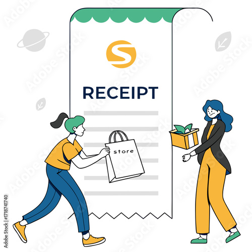 People Exchanging a Gift Box with a Shopping Bag and Receipt Keywords: shopping, receipt, gift
