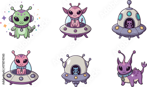Cute alien animals with antennas in colorful UFO spaceships and space pods, cartoon style, galaxy theme, sci-fi illustration set