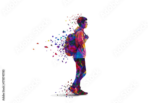 A walking student silhouette in a vibrant lowpoly style shattering into colorful fragments.