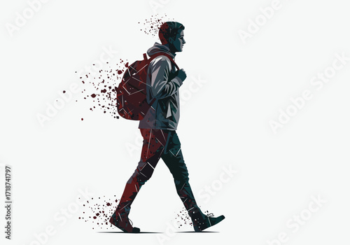 Dynamic graphic illustration of a walking man with backpack fragmented and dissolving into particles.