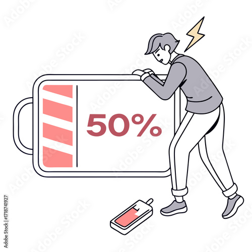 Person Leaning on a Large Battery at 50 Percent Charge