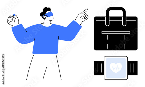Person wearing VR headset gesturing toward smartwatch and shopping bag, symbolizing technology, e-commerce, wearable gadgets, health tech, innovation, modern lifestyle, and consumer trends. Ideal
