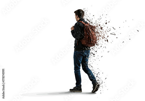 Backpackclad young man walking body dissolving into abstract geometric fragments.