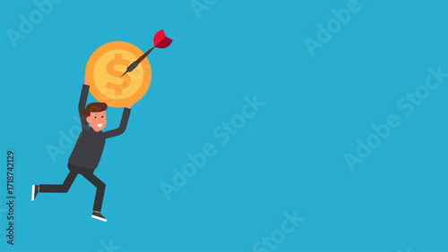 Illustration of a businessman holding a large gold coin that has been hit by an arrow. This visual symbolizes financial success, goal achievement, and investment.
