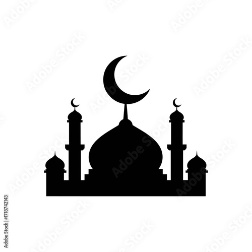 Mosque silhouette stands prominently against a white backdrop, symbolizing faith and cultural heritage with its crescent moon and minarets.
