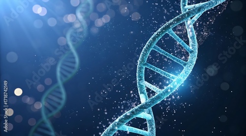 Blue DNA Double Helix With Particles And Light Rays Keywords: DNA, double helix, genetics