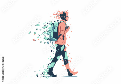 A stylized illustration of a person with a backpack walking and dissolving into fragments.