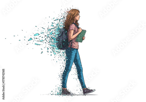 Young Woman Walking Backpack Dissolving into Shards.