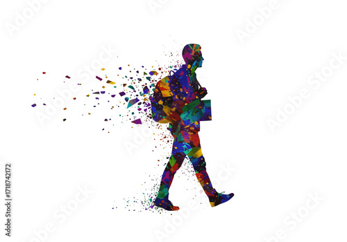 Vibrant fragmented silhouette of a walking person with backpack dissolving into colorful geometric pieces.