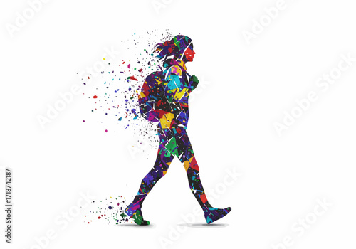 Colorful Abstract Silhouette of a Walking Woman with Backpack.