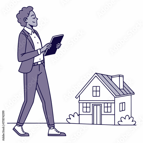 Person with tablet walks past a simple house illustration