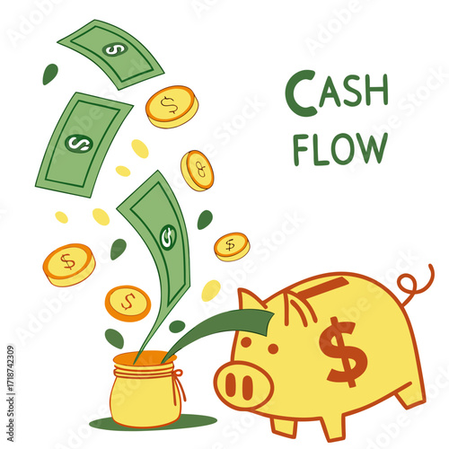 Piggy bank and jar receiving falling banknotes and coins