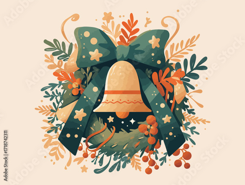 A festive bell surrounded by a vibrant bow and greenery showcases holiday spirit. The design features stars and berries, perfect for seasonal celebrations.