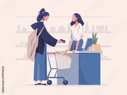 Customer at a local grocery store interacts with a cashier while preparing to check out. Shopping cart filled with groceries shows a lively shopping scene.