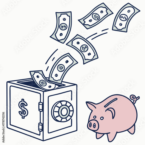 Piggy Bank and Safe with Money Flying In finance savings