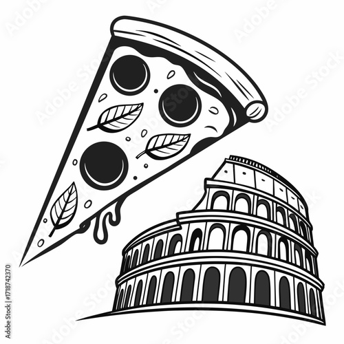 Pizza Slice and Colosseum Illustration Black and White Keywords: pizza, slice, food, italian