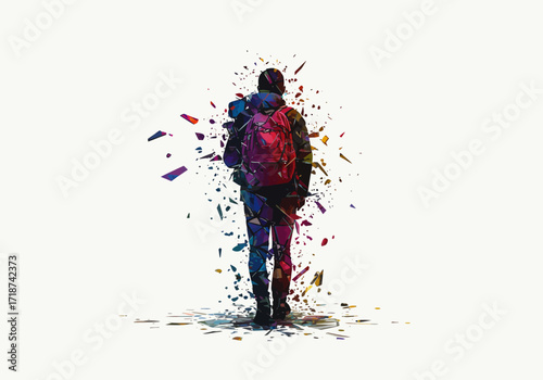 Geometric Traveler with Shattered Fragments and Vibrant Backpack.