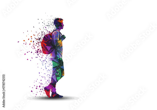 Colorful Geometric Silhouette of a Student with Backpack Dissolving into Particles.
