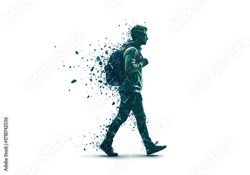 Abstract Walking Man with Backpack Disintegrating into Fragments.