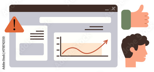 Web dashboard featuring a warning sign, upward graph, thumbs-up icon, and user profile. Ideal for data trends, growth, feedback loop, performance review, alert system analytics simple flat metaphor