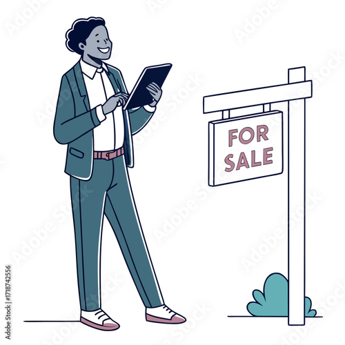 Real Estate Agent with Tablet and For Sale Sign