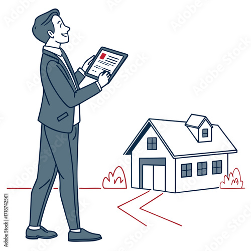 Real estate agent with tablet and house with garage