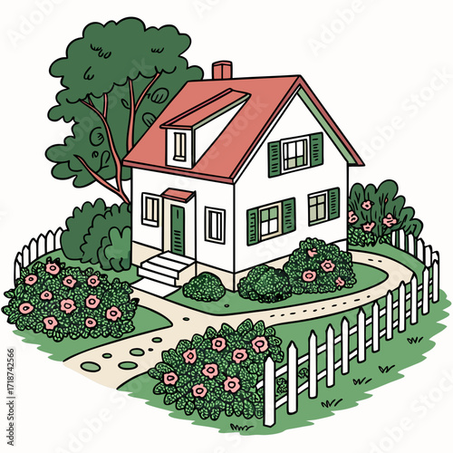 Quaint cottage with white picket fence and flower garden Keywords: house, home, cottage