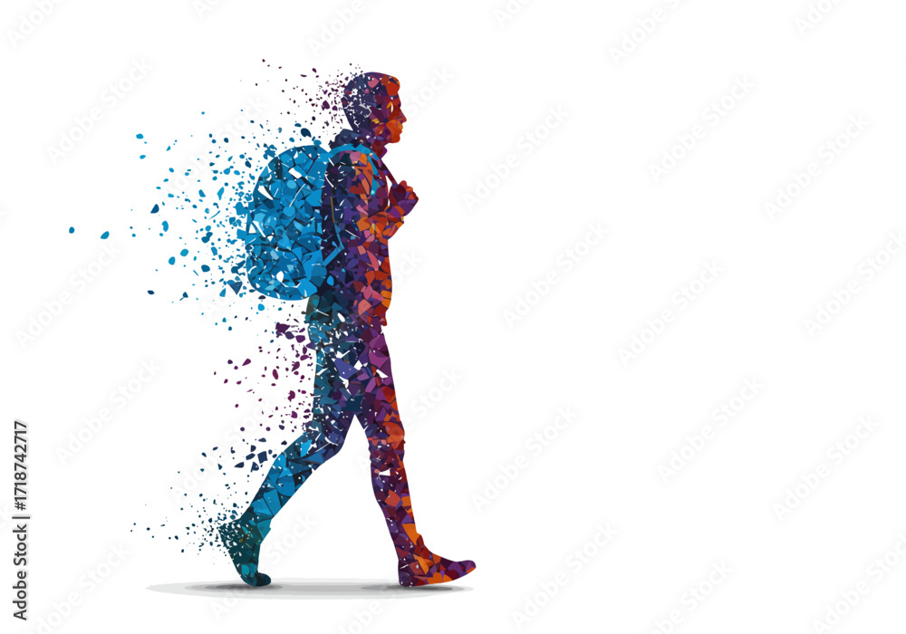 Fototapeta premium Abstract Mosaic Silhouette of a Walking Person with Backpack.