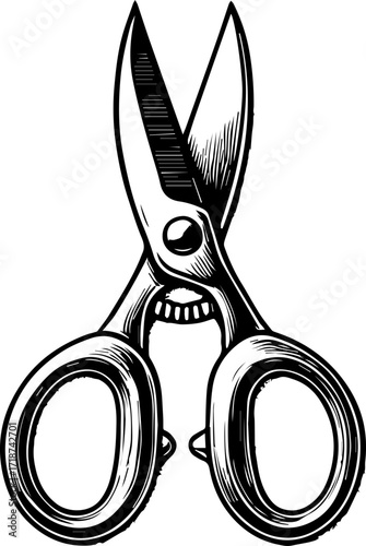 Illustration of open metal shears with round handles and visible pivot point in a black and white design