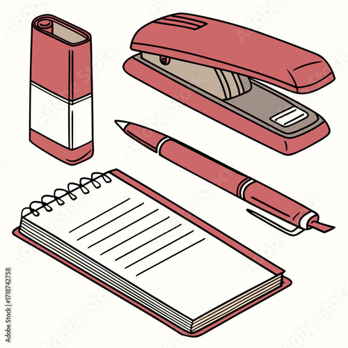 Red Office Supplies With Eraser And Pen Keywords: office supplies, stationery, desk, work