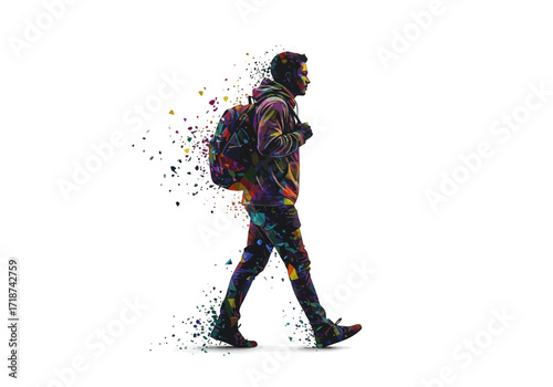 Colorful Abstract Portrait of a Walking Man with Backpack.