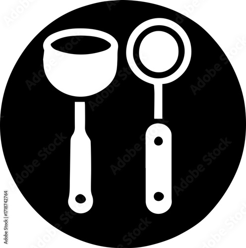 Illustration of a white soup ladle and slotted spoon on a black circular background kitchen utensils