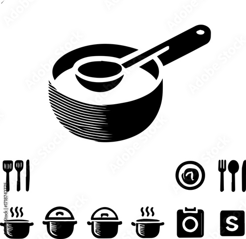 Black and white vector image showing a pot with a ladle and several cooking related icons below it
